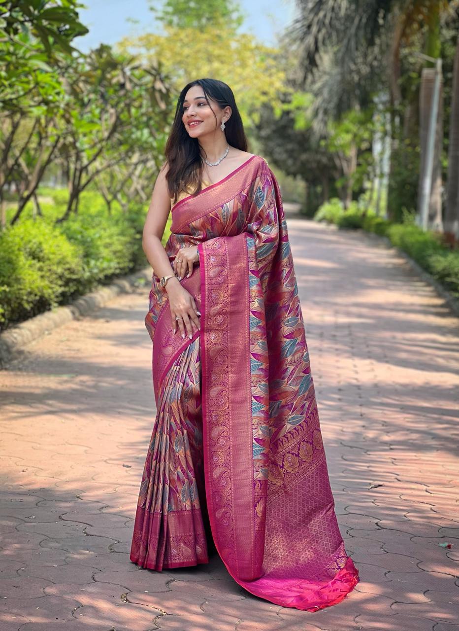 Women's Luxurious Pista Green & Pink Art Silk Saree with Intricate Leaf Weave & Broad Zari Border β Ideal for Festive & Wedding Occasions - Image 11